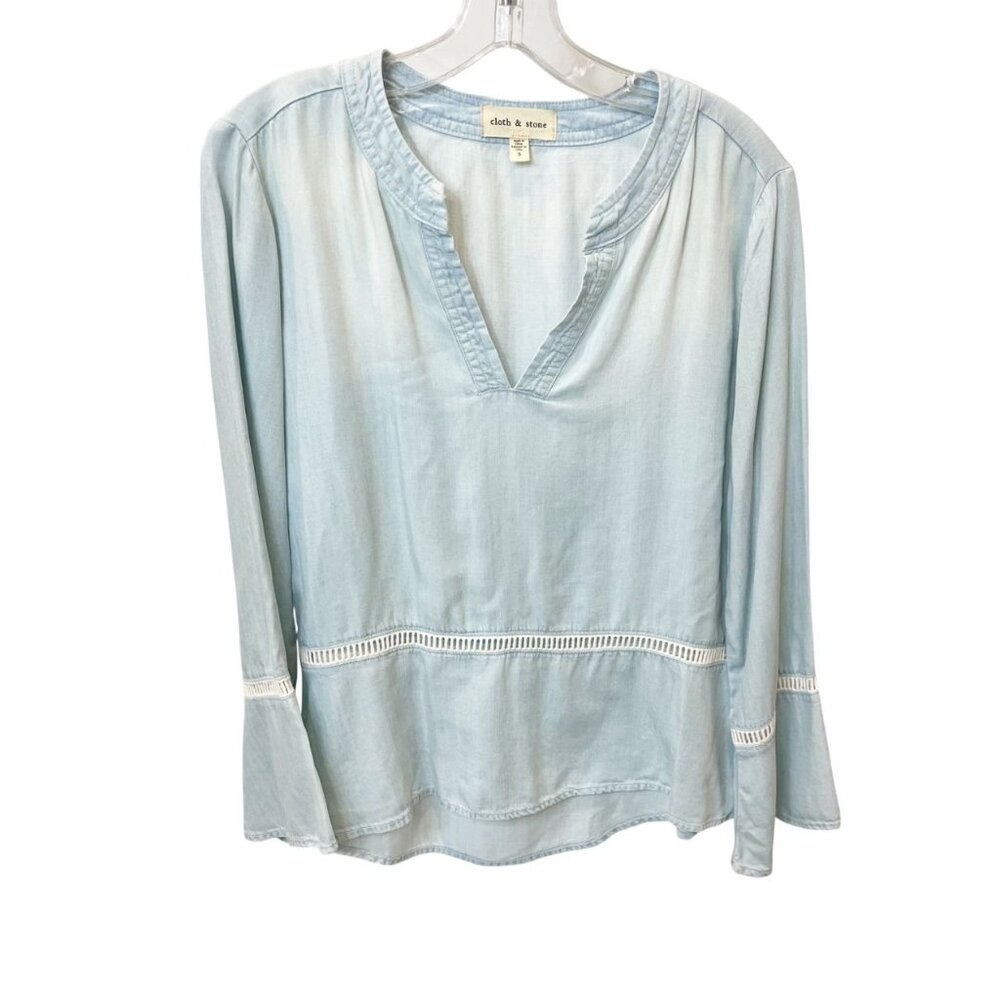 Cloth & Stone Light Wash Chambray Bell Sleeve Top Tencel Lyocell Boho Size Small